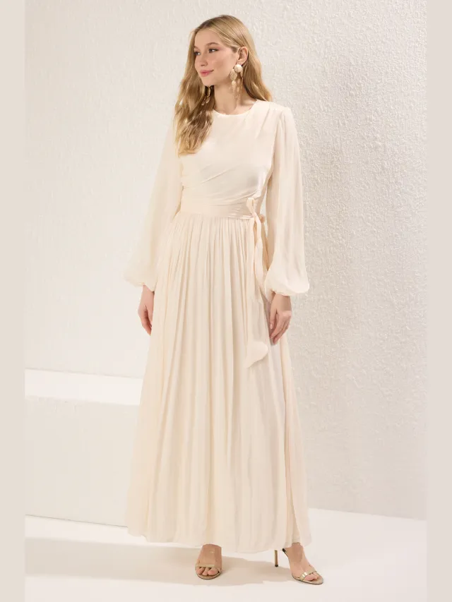Trendyol Modest Dames Ecru Effen Maxi Lang Stijlvol/Avond Skater Modest Avond Jurken