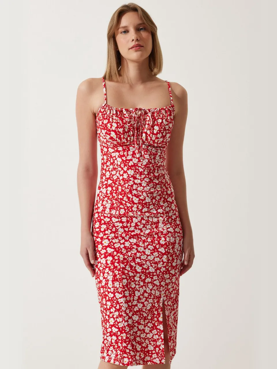 Happiness Istanbul Bloemengebroken Ribbel Bodycon Midi-jurk met Split rood, foto 2
