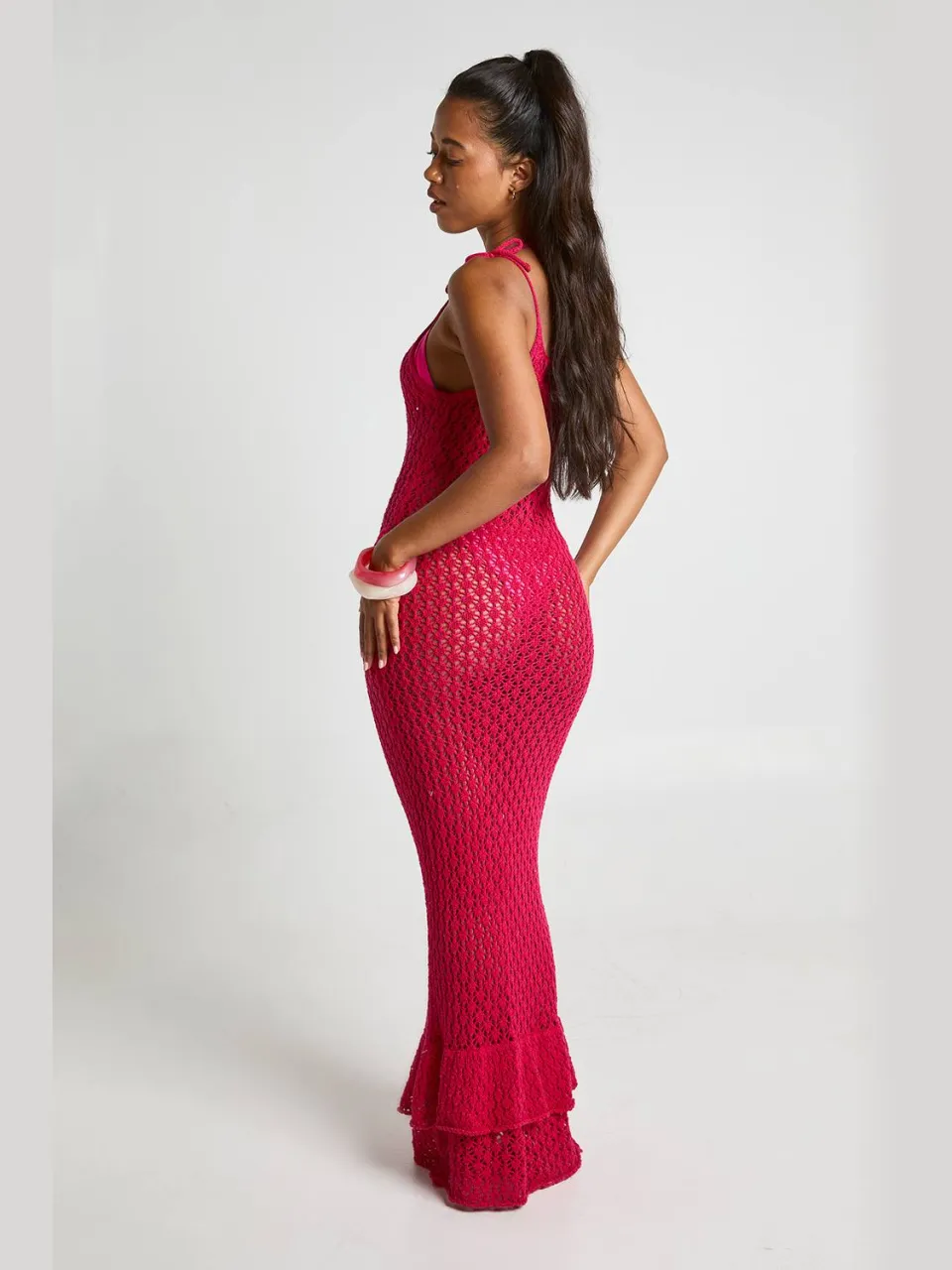 boohoo Dames Strand Gehaakte Maxi-jurk Met Strikbandjes roze, foto 2