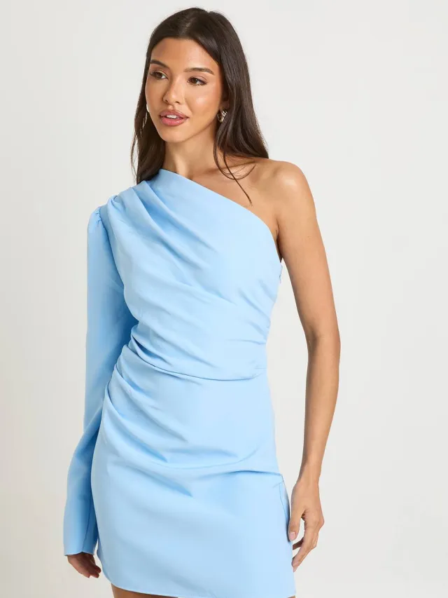 boohoo Dames Geweven Geplooid Mini-jurkje Met Éen Schouder Pastelblauw