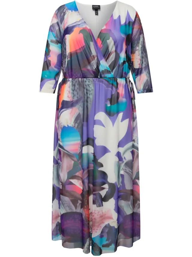 Ulla Popken Dames - Mesh jurk bloemen wikkellook V-hals 3/4-mouwen - Off-white - Maat 54+