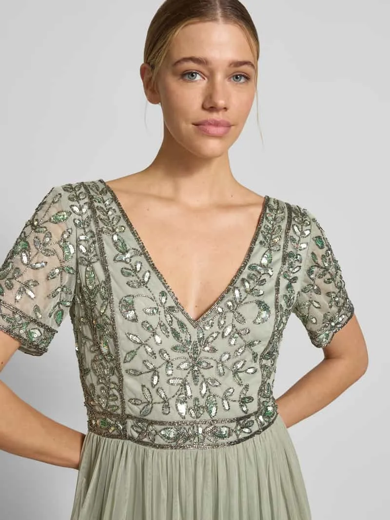 Lace & Beads Knie-lange jurk met bloemige paillettenversiering mintgroen, foto 4