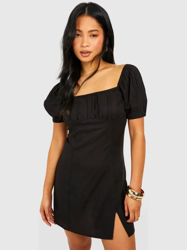 boohoo Dames Petite Linen Look Milkmaid Mini Jurk Zwart