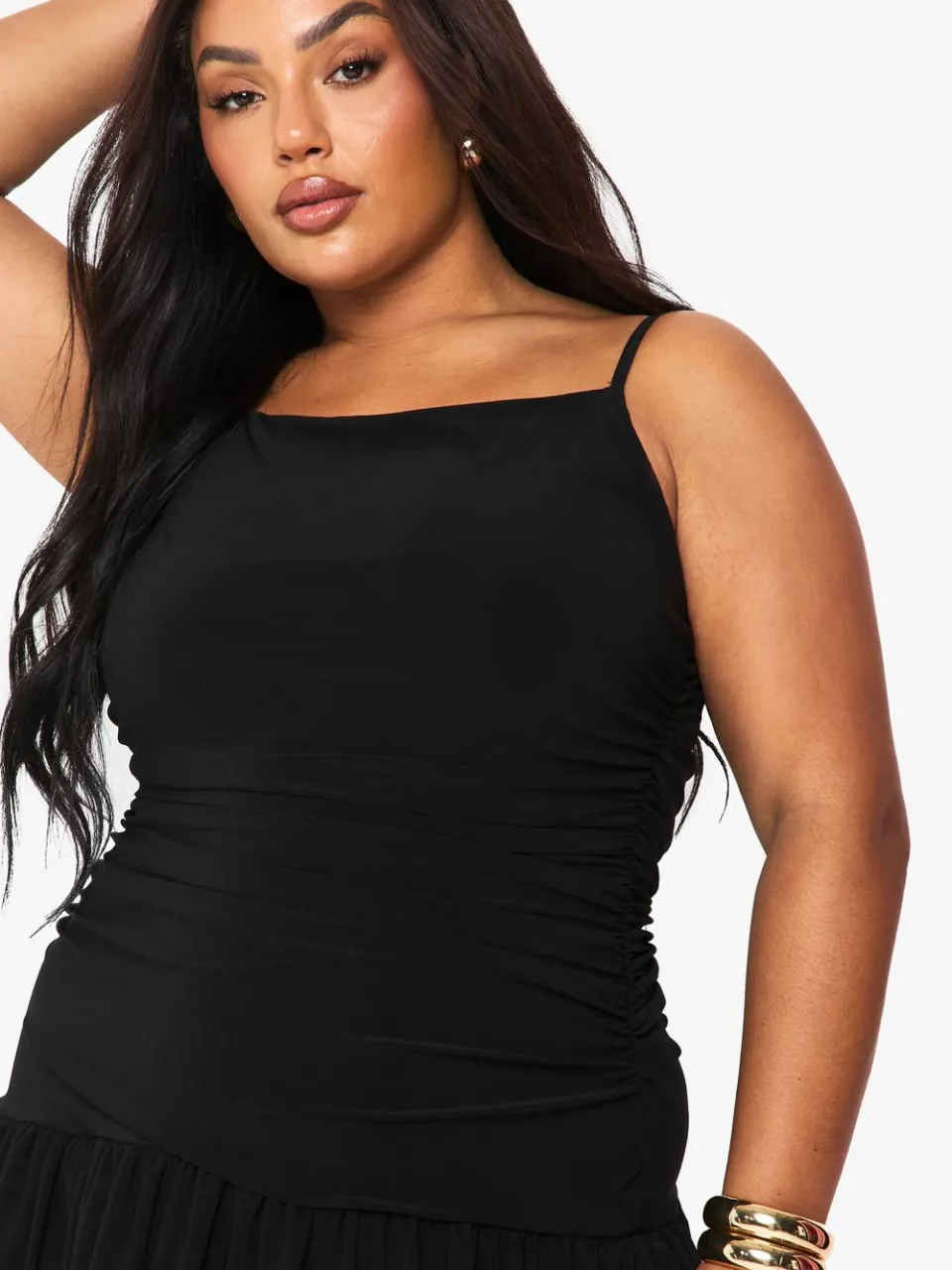 boohoo Dames Plus dubbelgelaagde ruched drophem mini-jurk zwart, foto 4