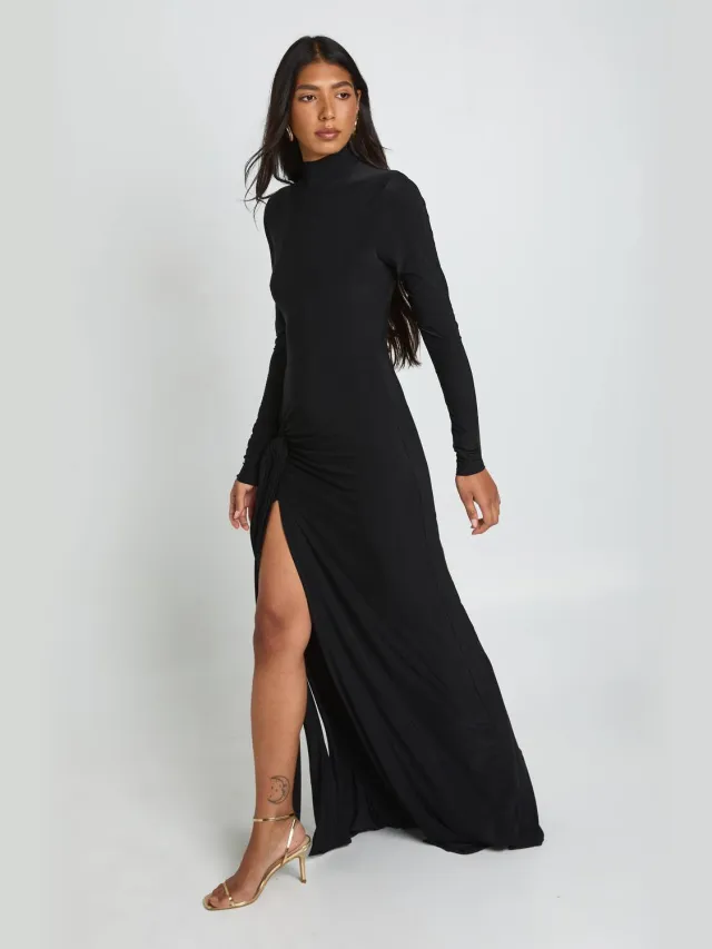 boohoo Dames Lange Maxi-jurk Met Knoopdetail, Lange Mouwen En Dijhoge Split Zwart