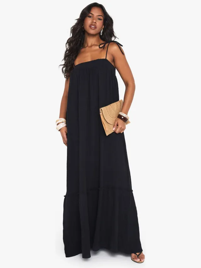 boohoo Dames Textuurgebreide Smocking Maxi Jurk Zwart