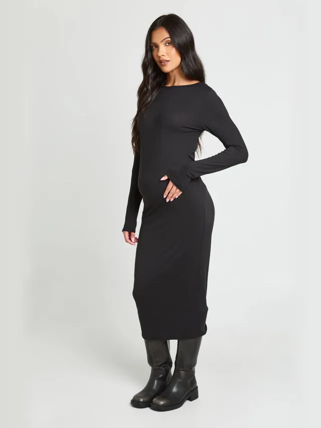 boohoo Dames Zwangerschaps Superzachte Midi-jurk Met Lange Mouwen Zwart