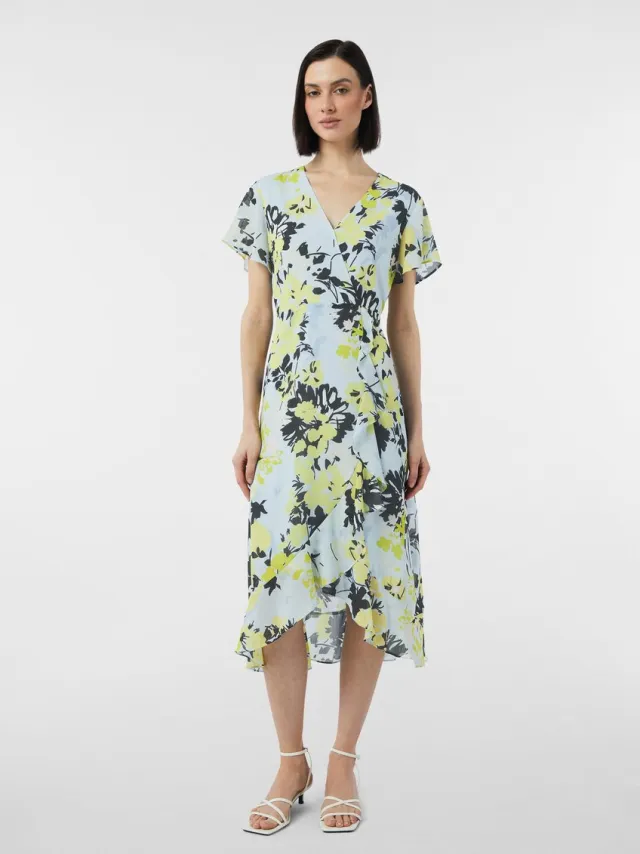 Comma female - Aansluitende midi-jurk met volants en all-over print lichtblauw