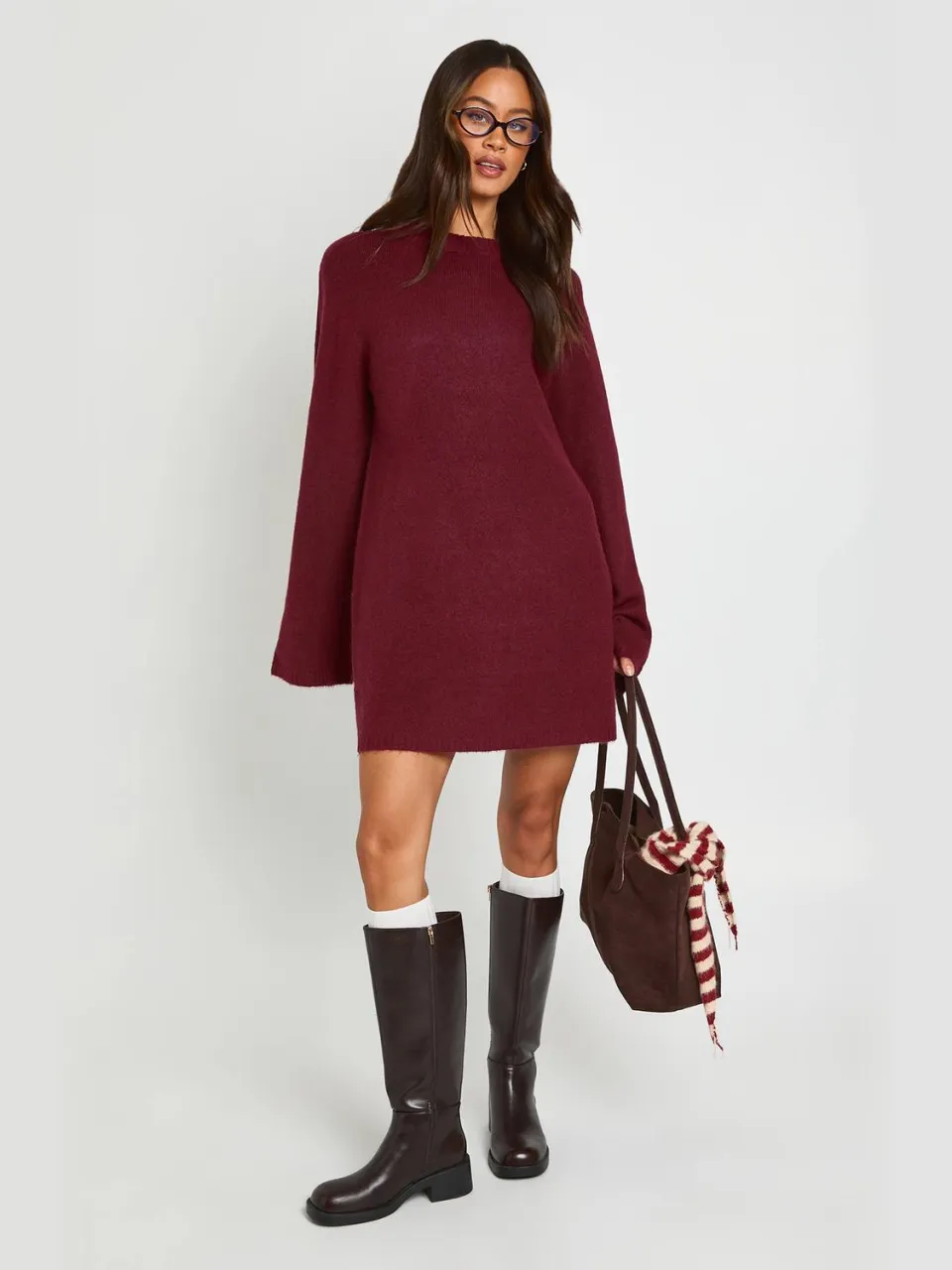 boohoo Dames Lange Trui-jurk Met Col En Uitlopende Mouwen bordeaux rood, foto 2