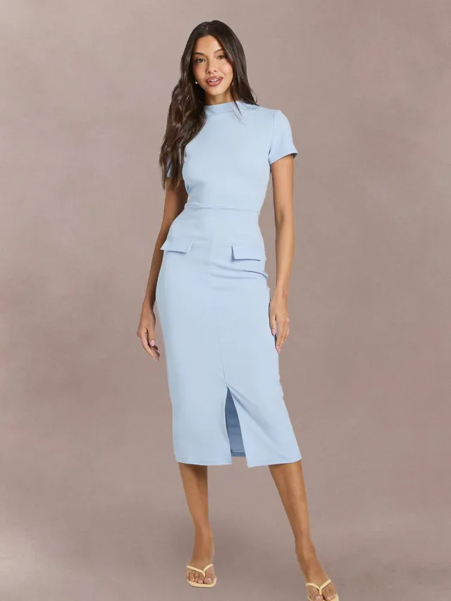 boohoo Dames Crêpe Midi-jurk Met Hoge Hals En Zakdetail Pastelblauw