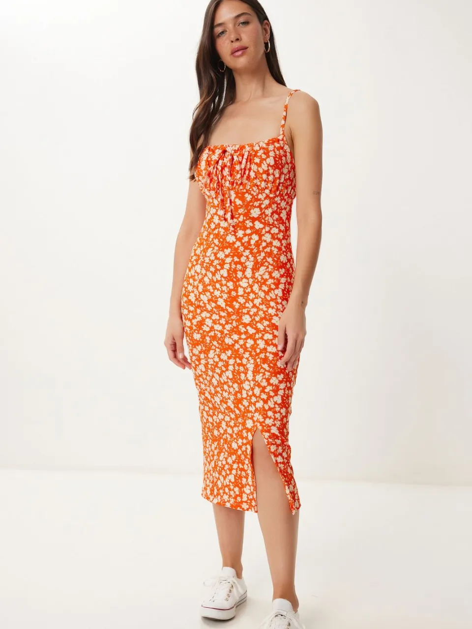 Happiness Istanbul Bloemengebroken Ribbel Bodycon Midi-jurk met Split oranje, foto 2