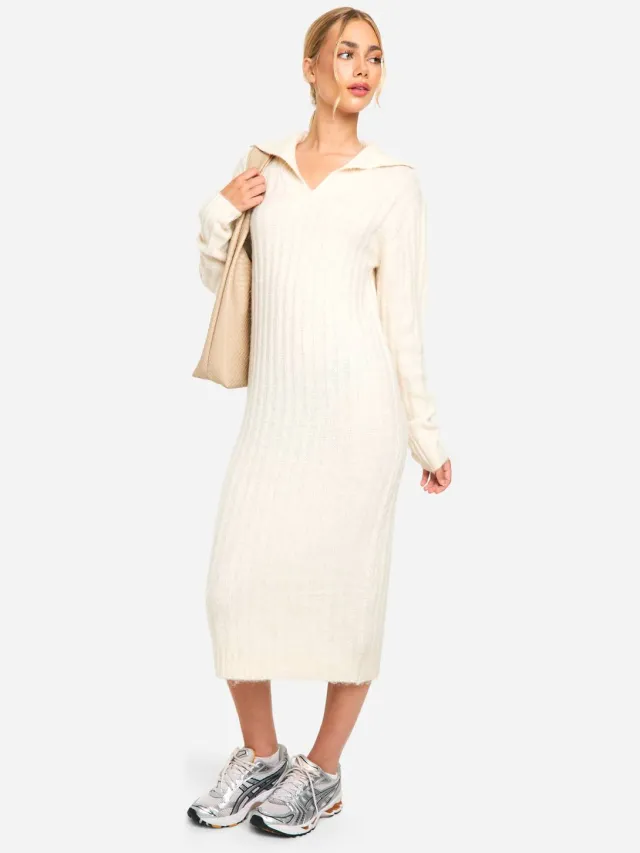 boohoo Dames Zacht gebreide dikke ribkraagdetail midaxi-jurk Ecru