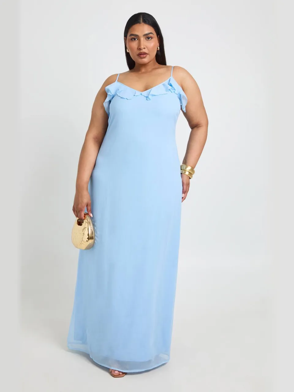 boohoo Dames Plus Chiffon Maxi Jurk Met Ruche Detail poederblauw, foto 3