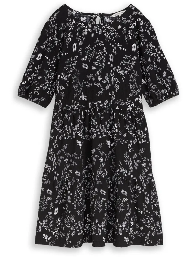Tom Tailor Denim - Crinkle mini-jurk met bloemenpatroon - black white flower print