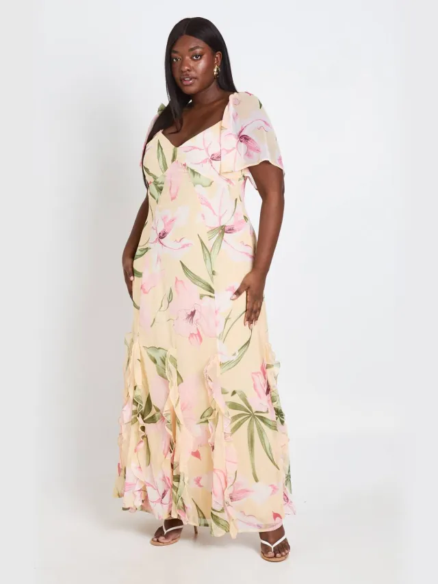 boohoo Dames Plus Bloemen Chiffon Pofmouw Ruches Maxi Jurk Citroen