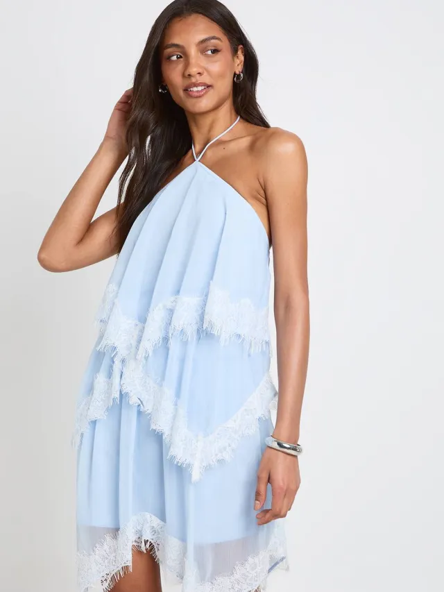 boohoo Dames Gelaagde Mini-jurk Van Crinkle Chiffon & Kant Met Halternek Babyblauw