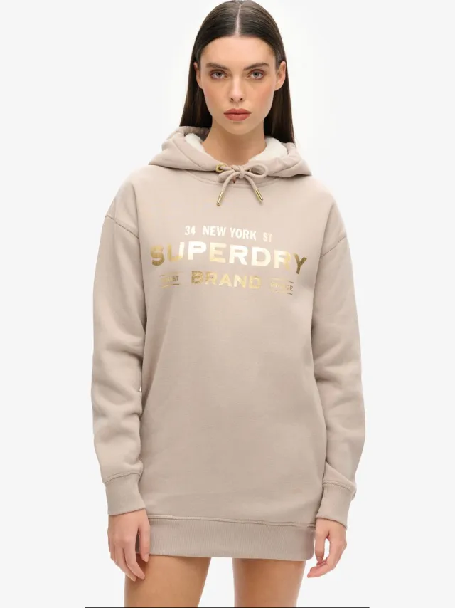 Superdry Luxe hoodiejurk met metallic logo - Dames - Jurken warm grey