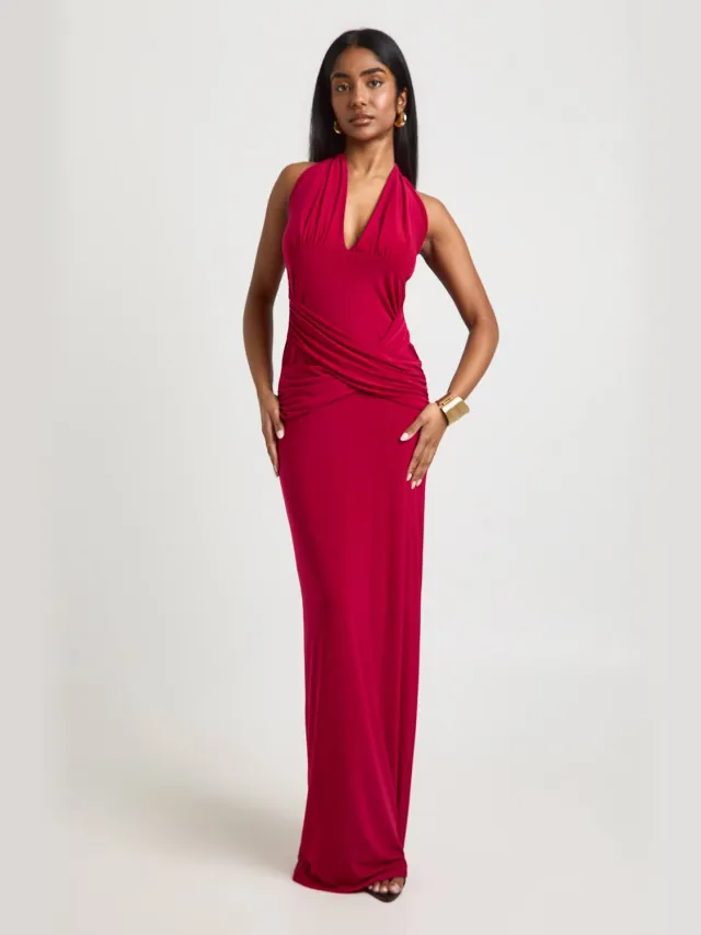 boohoo Dames Slinky Maxi-jurk Met Diepe Halternek En Wikkeldetail In De Taille Magenta