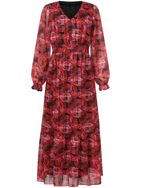 Smashed Lemon Lippenprint chiffon maxi jurk in rood en zwart