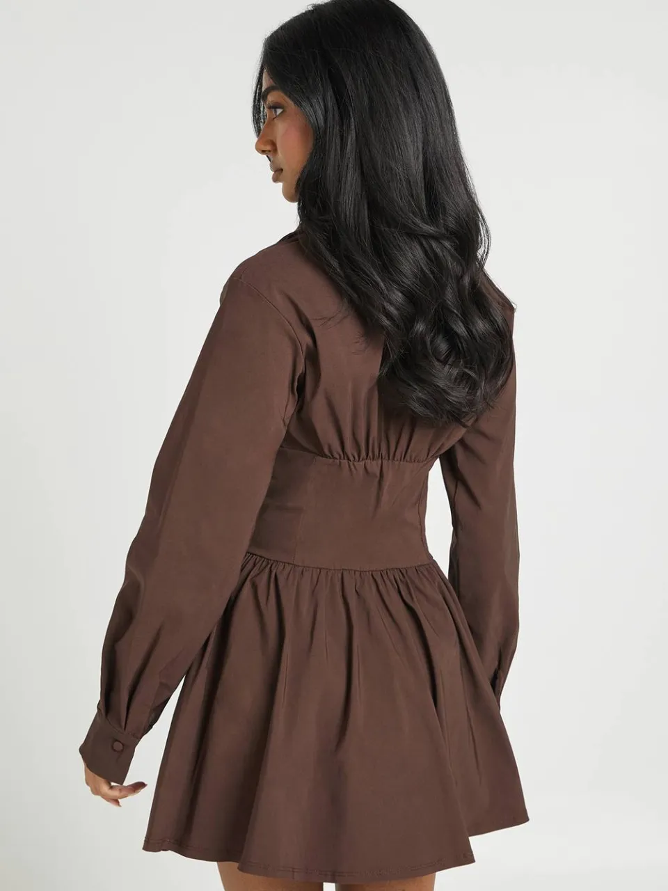 boohoo Dames Bengaline Jurk Met Knoopsluiting, Corset Lijfje En Volle Rok chocoladebruin, foto 2