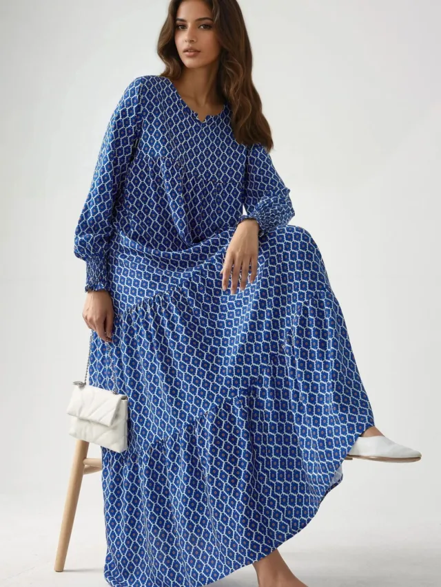Hiccup Geprinte Coltrui Viscose Maxi Jurk Marineblauw
