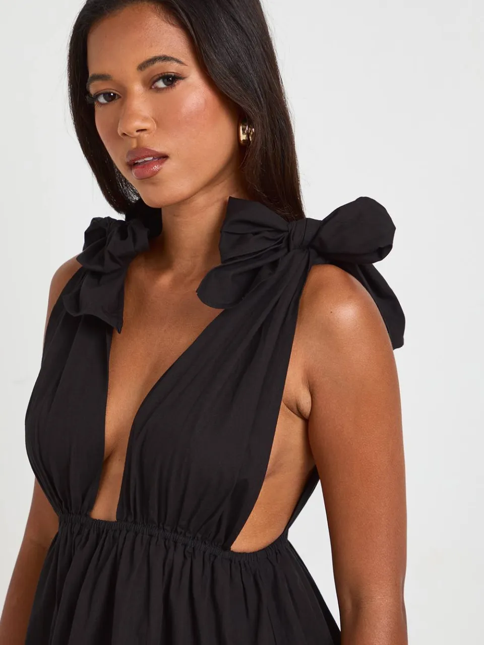 boohoo Dames Katoenen Poplin Mini Skater Jurk Met Strikbandjes zwart, foto 4