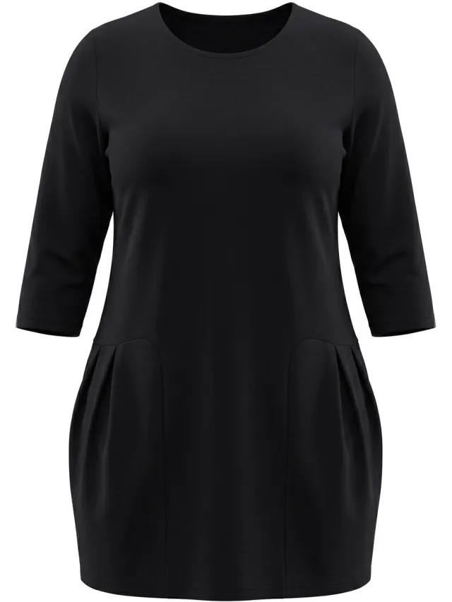 Ulla Popken Dames - Jersey jurk decoratieve plooien A-lijn ronde hals - Zwart - Maat 42+