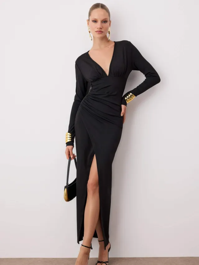 Turkishsouq Dames maxi-jurk met platte zool, geschikt voor afstuderen/gala, avondjurk of afstudeerjurk Zwart