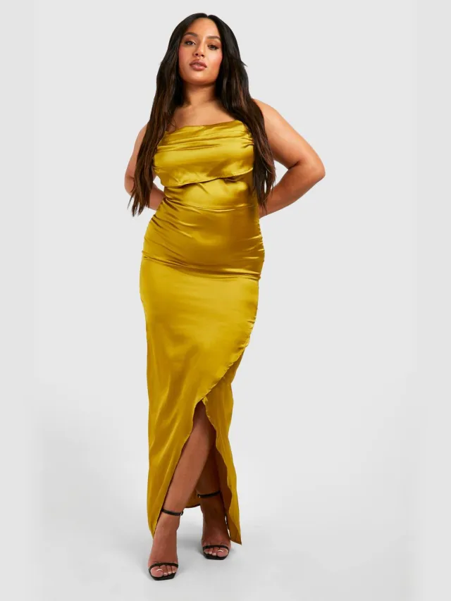 boohoo Dames Plus cowl-hals met riemen maxi slip-jurk Chartreuse