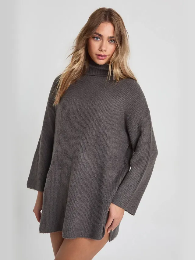 boohoo Dames Rollhals Tuniek Jumper Jurk Houtskool