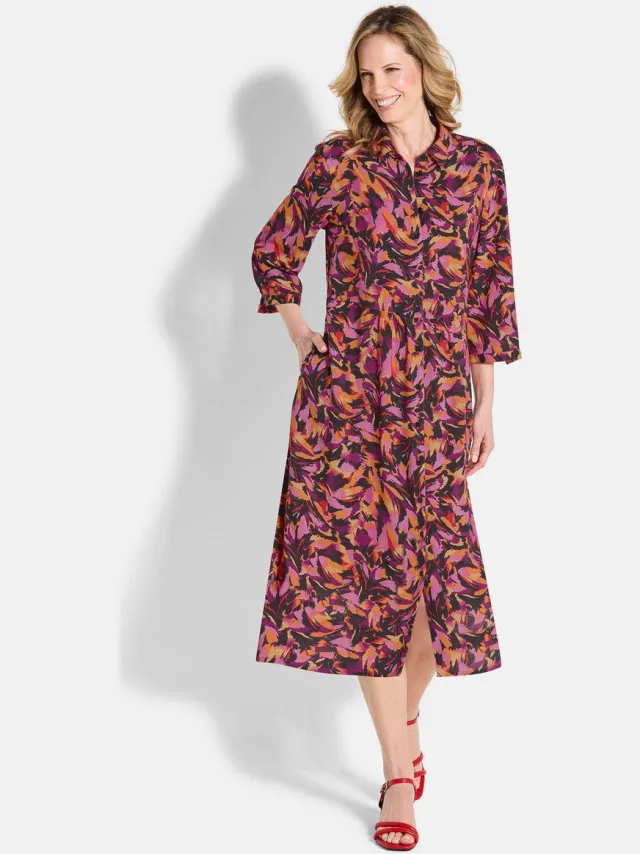 GOLDNER Overhemdjurk Soepelvallende viscose jurk met knoopsluiting rood / gedess.