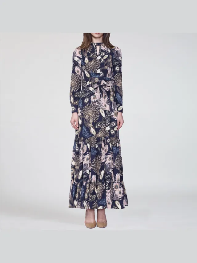 Smart & Joy Boheemse stijl lange jurk met ruches en veren print Veelkleurig
