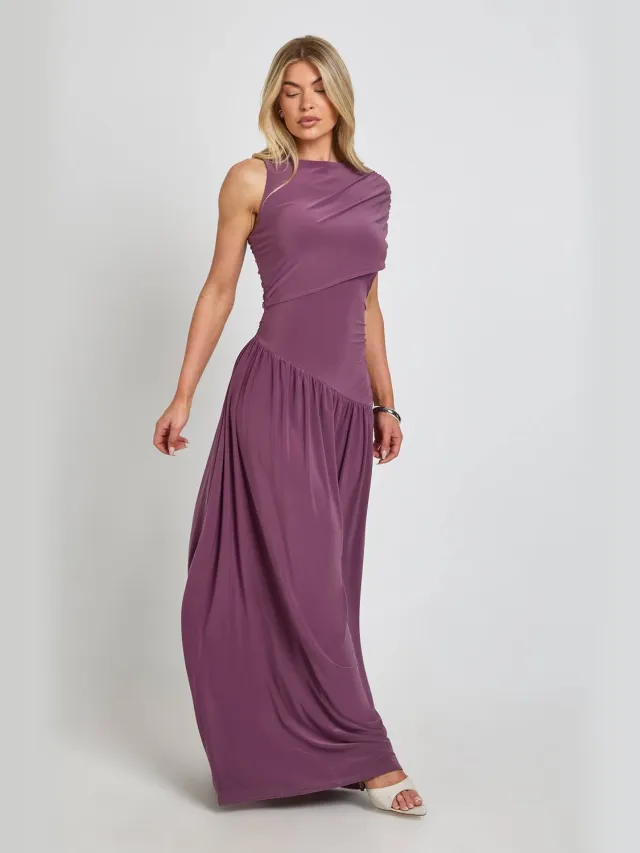 boohoo Dames Slinky Asymmetrische Hals Geplooid Detail Maxi Jurk Moerbei