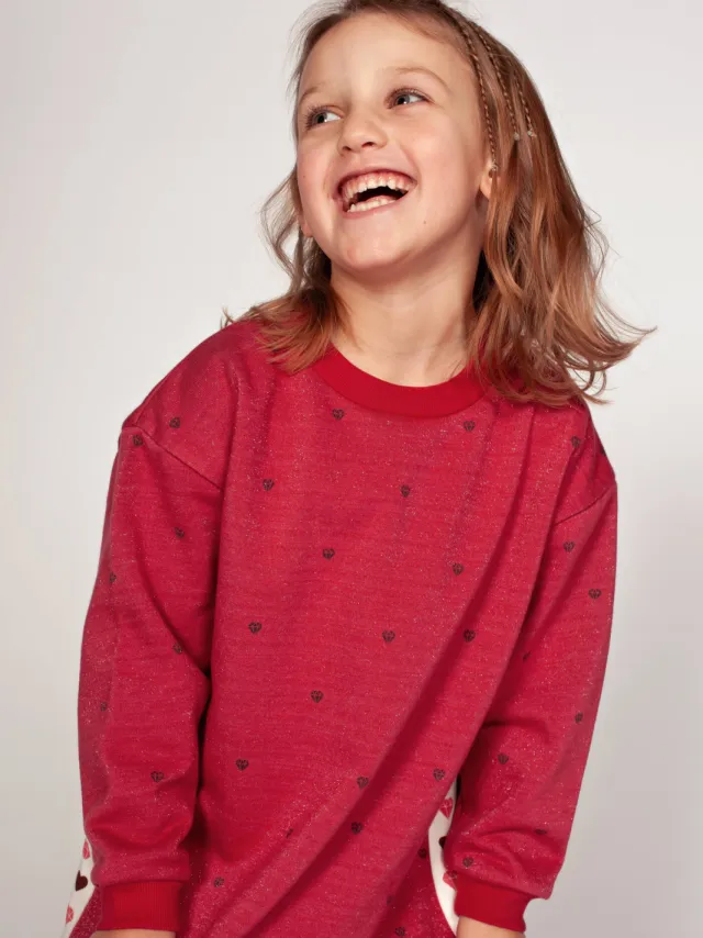 Jubel midi sweatjurk met hartjes roze Roze/wit