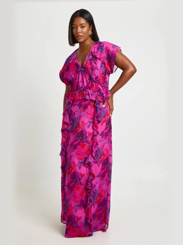 boohoo Dames Plus Chiffon Maxi Jurk Met Gerimpelde Taille En Volants Fuchsia