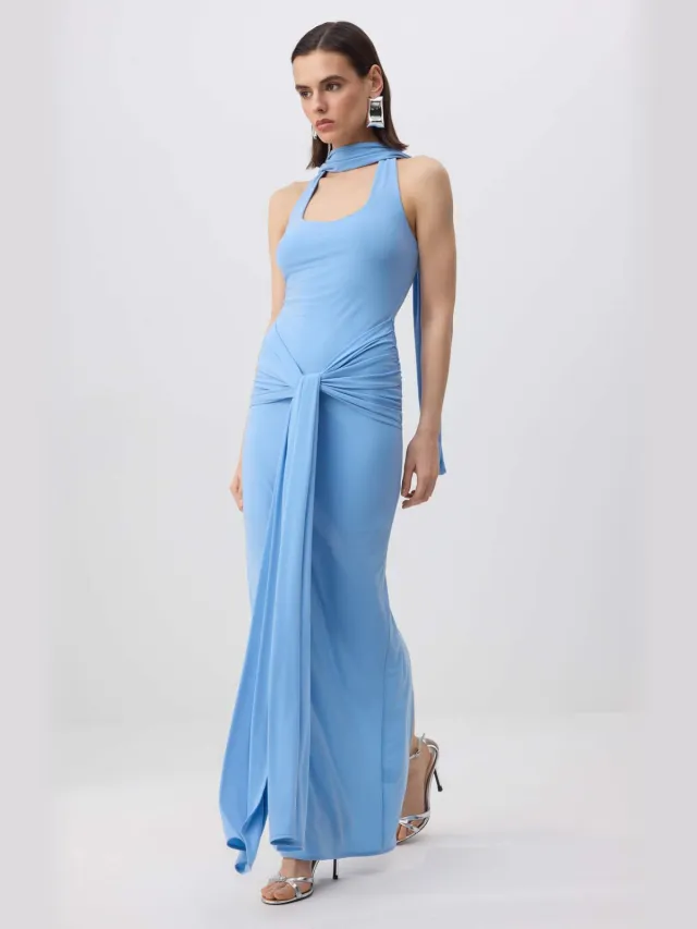 Turkishsouq Marineblauwe platte maxi-jurk zonder mouwen, geschikt voor avond- en galaavonden. Bruin