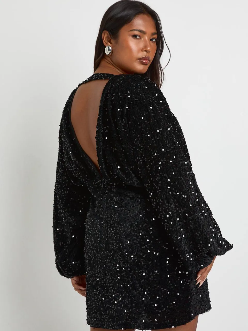 boohoo Dames Plus fluweel pailletten blouson mini jurk zwart, foto 2