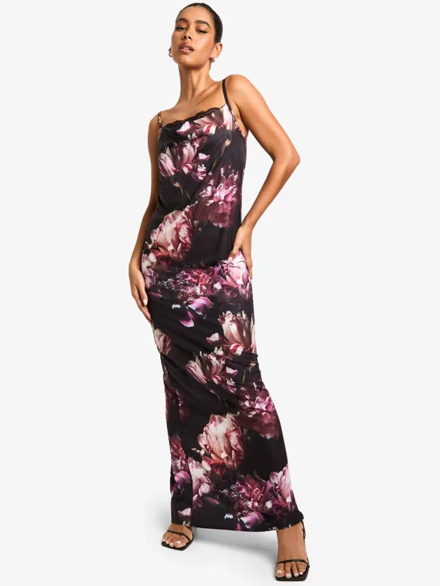 boohoo Dames Lace Trim Floral Maxi Dress Zwart