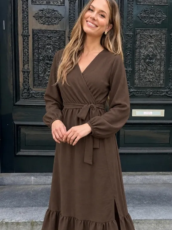 Fashion Musthaves Split Jurk Midi Choco Bruin