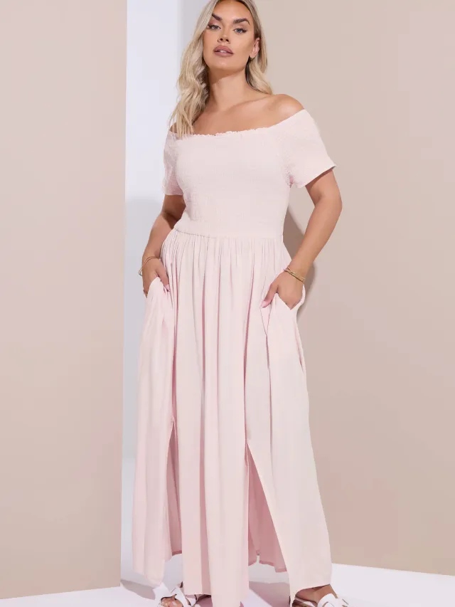 Yours Lange Jurk Met Bardothals, Smokwerk En Dubbele Split In Lichtroze Pink