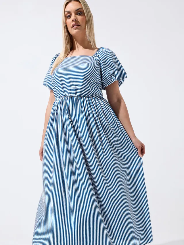 Limited Collection Blauwe Gestreepte Jurk Met Pofmouwen Blue