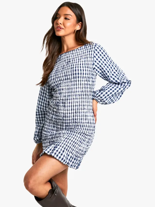 boohoo Dames Gingham geplooide lange mouw mini jurk marineblauw, foto 2