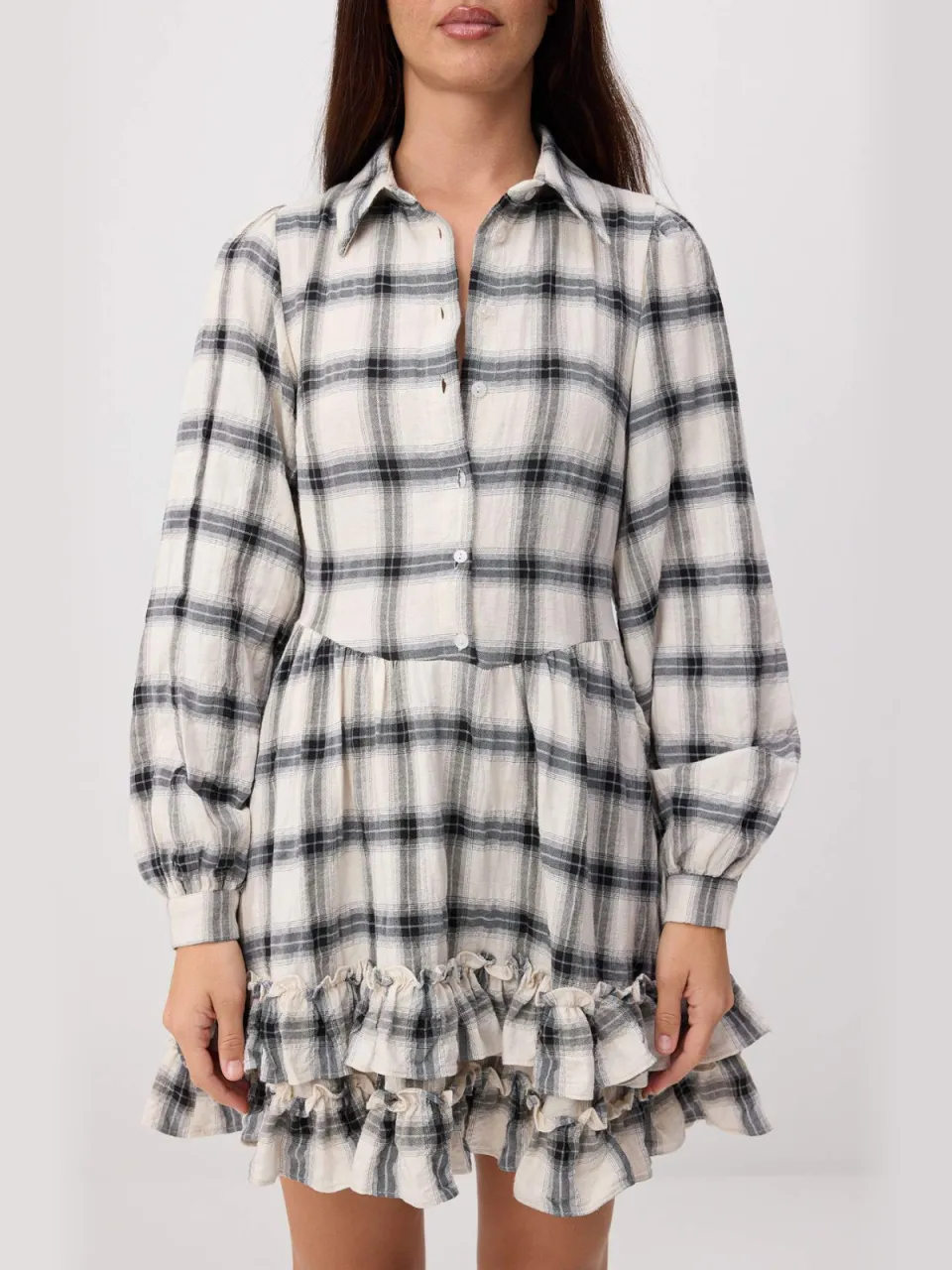 Trendyol TRENDYOLMİLLA Dames Ecru Geruit Kort / Mini Lang Casual Blousejurk Jurken, foto 2