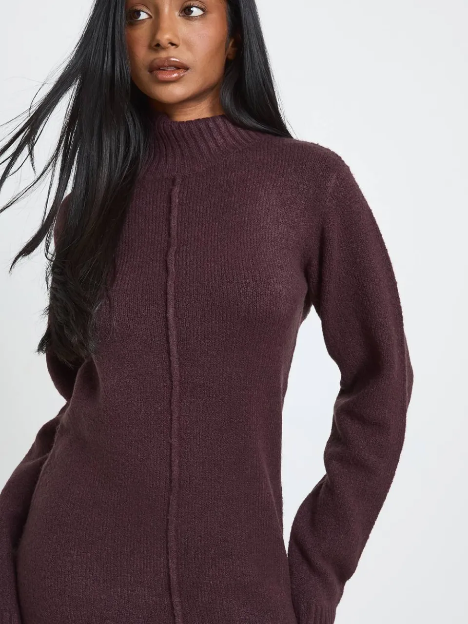 boohoo Dames Gebreide Mini Trui-jurk Met Hoge Hals En Naaddetail chocoladebruin, foto 4