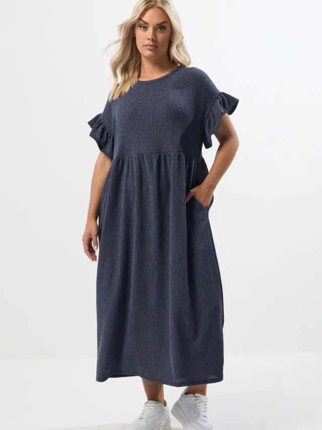 Yours Blauwe Volant Getextureerde Maxijurk Blue