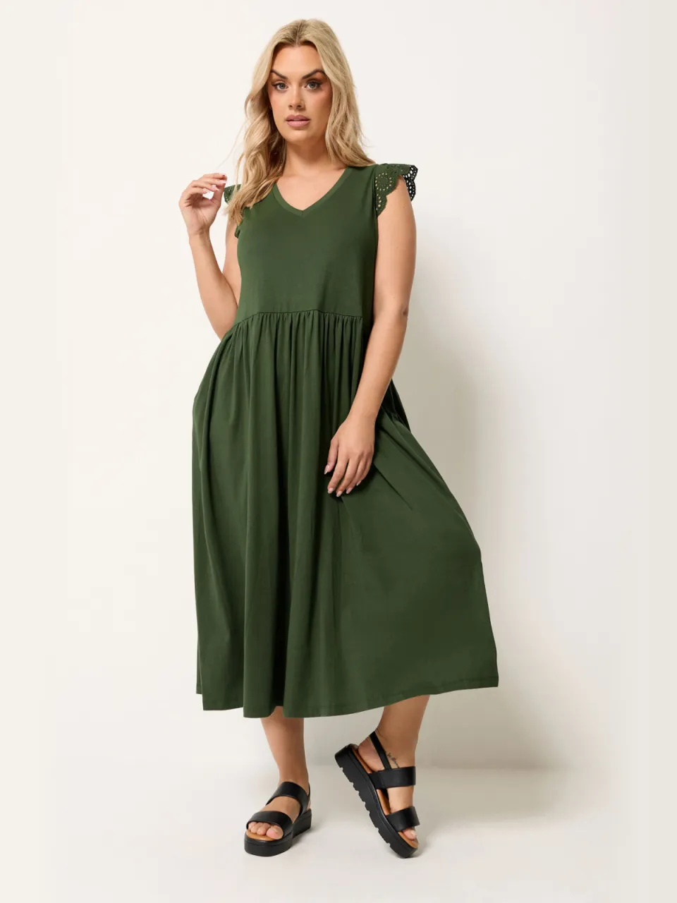 Yours Kakigroene Maxijurk Met Broderie Mouw Green