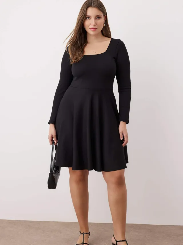 Trendyol Curve Dames Zwart Effen Kort / Mini Lang Avond / Dagelijks Skater Grote maten Jurk