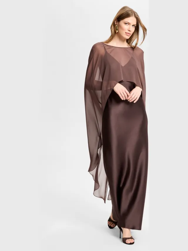 Swing Avondjurk – Maxi – Chiffon Cape – Donkerbruin – Maat 42 /