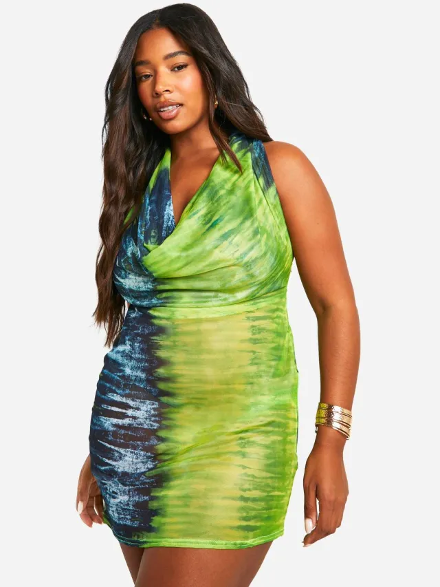 boohoo Dames Plus Mesh Halterneck Bodycon Jurk Limoen
