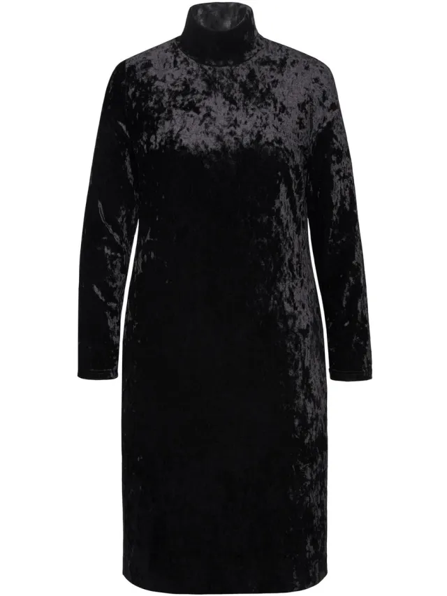 Ulla Popken Dames - fluwelen maxi-jurk slim opstaande kraag lange mouwen - Zwart - Maat 50+